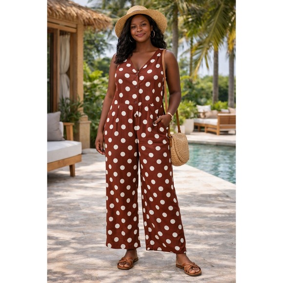 Monteau Los Angeles Pants - Monteau Polka Dot Brown Jumpsuit Medium Wide Leg Button‎ Front